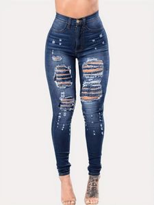 Bleu déchiré trous jean moulant en détresse taille haute coupe ajustée poches obliques pantalon en jean vêtements pour femmes 231229