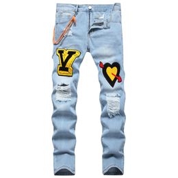 Blue Ripped Men's Jeans Summer Casual Hole Pantalons Pour Homme Mode Slim-Fit Broderie Patchwork Denim Pantalons Para Hombre Vaqueros