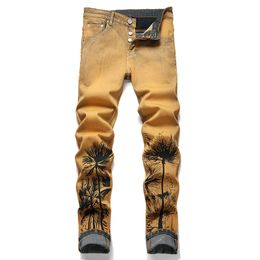 Retro gele skinny jeans voor heren, slim-fit, stretch-rechte denimbroek, casual broek voor heren