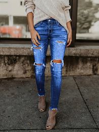 Blauwe gescheurde skinny jeans Distressed Slim Fit Slash Pockets Raw Zoom Denim Broek Dames Denim Jeans Kleding 240117