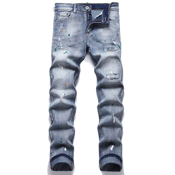 Jean skinny bleu déchiré Stretch pour hommes printemps automne Punk peinture pantalon mi-taille décontracté coupe ajustée Denim pantalon