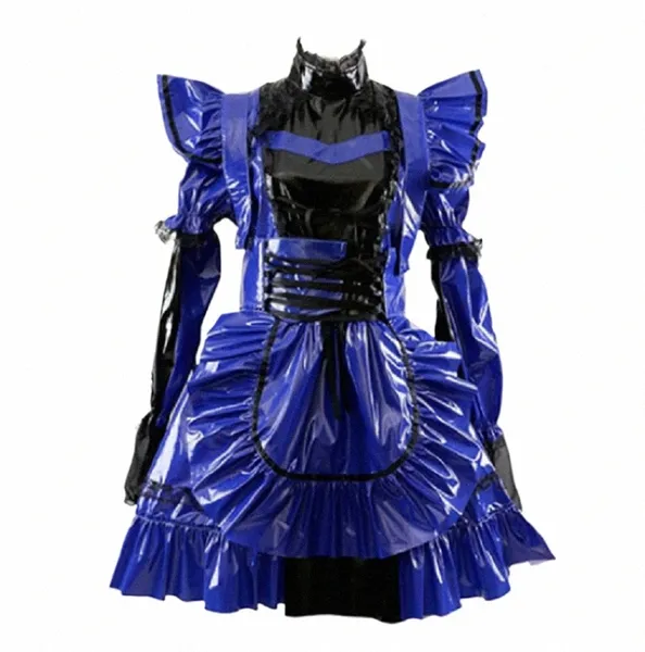 Jeu de rôle bleu Maid Dr avec jupe de poupée Apr French Sissy PVC à manches courtes gothique Dr verrouillable uniforme F9cF #
