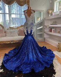 Robe De Bal longue bleue royale pour filles noires, tenue De fête d'anniversaire avec perles et strass, style sirène, 2024