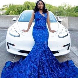 Bleu royal paillettes sirène robes de bal 2024 col transparent grande taille perles robes de fête d'anniversaire pour les filles noires dos nu femmes africaines robes de gala