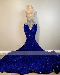 Blue Royal Pailletten Zeemeermin Prom Dresses 2024 Voor Zwarte Meisjes Kralen Kristallen Formele Avond Party Jurken Robe De Soiree