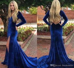 Blue Royal Sexy Veet Mermaid Prom Dresses V Neck Long Mouwen Hoge Split Floor Lengte Backless avondjurk Feestjurken Ogstuff