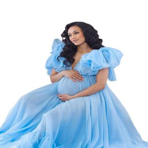 Bleu à volants grande taille dames enceintes vêtements de nuit de maternité robe chemises de nuit pour Poshoot Lingerie peignoir vêtements de nuit bébé Shower187n