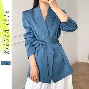 Blue Satin Blazer pour femme Mince Summer Casual Ceinturé Costume Raccord à manches longues Veste Blousizer de Mujer 210608