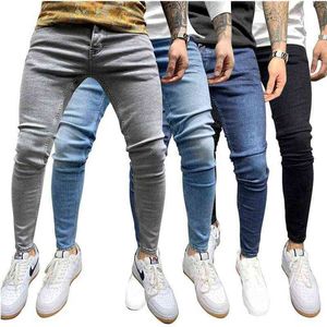 Bleu Satine jean hommes taille élastique jean moulant hommes 2021 Stretch déchiré pantalon Streetwear hommes Denim jean G0104