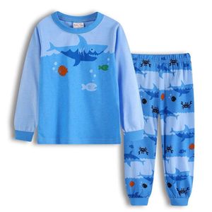 Blauwe zeehaai Baby jongenskleding Pakken 90-130 Kinderen Sleepwear 100% katoenen meisjes Pamas kledingset voorjaar zachte shirt L2405