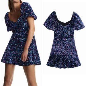 Blue Sequin Mini Dress Dames Vintage Sparkly Glitter Short Puff Sleeve Party Es Dames Avond Sexy 210519