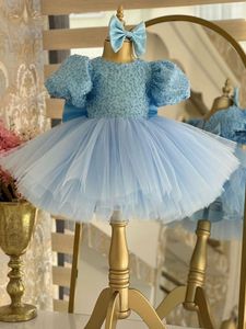 vestidos de niña de lentejuelas azules de las perlas