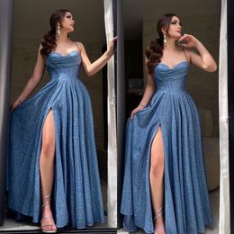 Blauwe pailletten jurk een avond spaghetti marine lijn feest prom jurken backless glitter formele lange jurk voor speciale ocn
