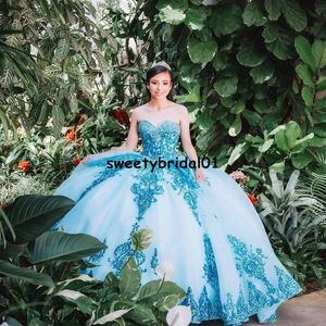 Blauwe pailletten Sparkly Quinceanera -jurkbaljurk met afneembare trein 2022 Princess Sweet 16 Prom Party Wear 251R