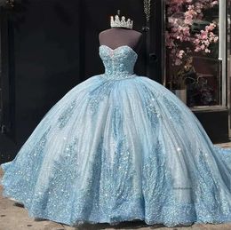 Sequins bleus vestidos de 15 robes Anos Quinceanera pour les débuts Sparkly Sweetheart Lace Sweet 16 Prom Pageant Party Robes 0509