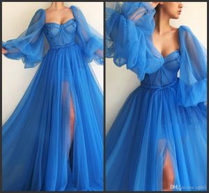 Blauwe sexy Afrikaanse Puffy Puffy Long Sleeve High Side Split Floor Lengte TULLE Formele jurk avondjurken prom jurken feesten Es