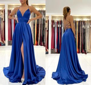 Blue sexy royal split bal robes a ligne spaghetti bretelles sans remise des robes de soirée de fin de graduation plus de taille plus robe de demoiselles d'honneur bc9431