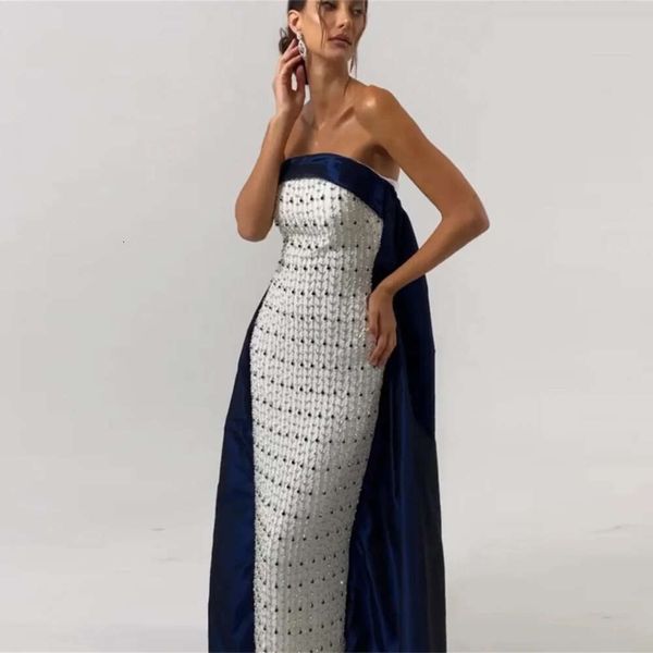 Bleu Sharon bretelles blanc marine dit dubaï robes de soirée avec Cape Midi arabe femmes robes de fête de mariage 2024 Ss422