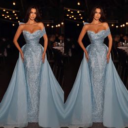 Blue Shine -pailletten avondjurk Nieuwe sexy single van de schouder Crystal Party Bridal Jurys Robes de Mariee verwijderbare sweep trein