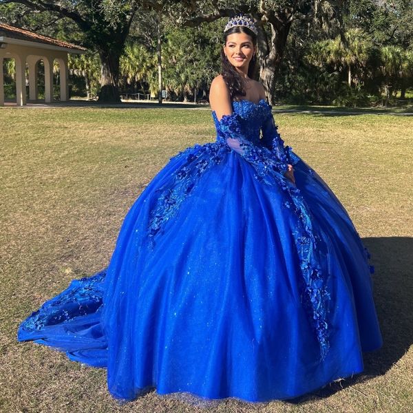 Vestido de fiesta azul brillante Vestido de fiesta Vestido de quinceañera Cariño con cuentas 3DFlowers Apliques de encaje Vestidos formales de manga larga vestidos de 15