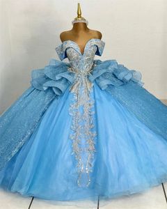 Blauw Glanzend Baljurk Quinceanera Jurken Applicaties Bloem Kralen Kristallen Corset Prinses Vestidos De 15 Anos Voor Lief Meisje 322