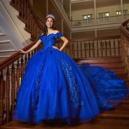 Blue Shiny Princess Quinceanera Robes Robe de bal sur l'épaule 3D Perles de dentelle florale corset Sweet 16 Vestidos 15 de XV Anos