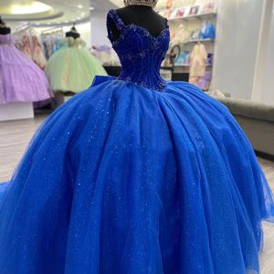 Bleu brillant Quinceanera robes robe de bal formelle bal robes de remise des diplômes perles cristal à lacets doux 15 16 robe vestidos de 15 anos