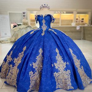 Blauwe glanzende quinceanera -jurken Gold Lace Applique van de schouder Charro Vestido de 15 anos 2024 Sweet 16 prom jurken