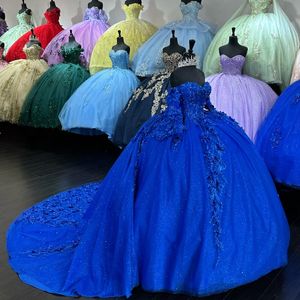 Robes De Quinceanera bleu brillant princesse douce 15 ans fille robes De fête d'anniversaire Appliques dentelle perles robes De Quinceanera
