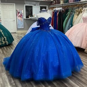 Robes de Quinceanera bleu brillant chérie Tulle hors de l'épaule perles cristal Tull filles anniversaire princesse 15 robes de bal de fête