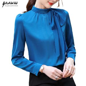 Camisa azul Mujer Profesional Primavera Manga larga Temperamento Arco Cinta Satén Blusas Oficina Damas Moda Trabajo Tops 210604