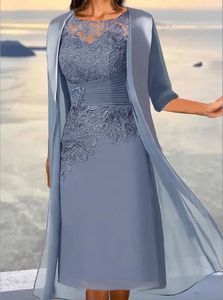 Bleu court poussiéreux mère de la mariée robes avec veste une ligne en mousseline de soie dentelle appliques perlée marié robe de soirée pour le mariage grande taille