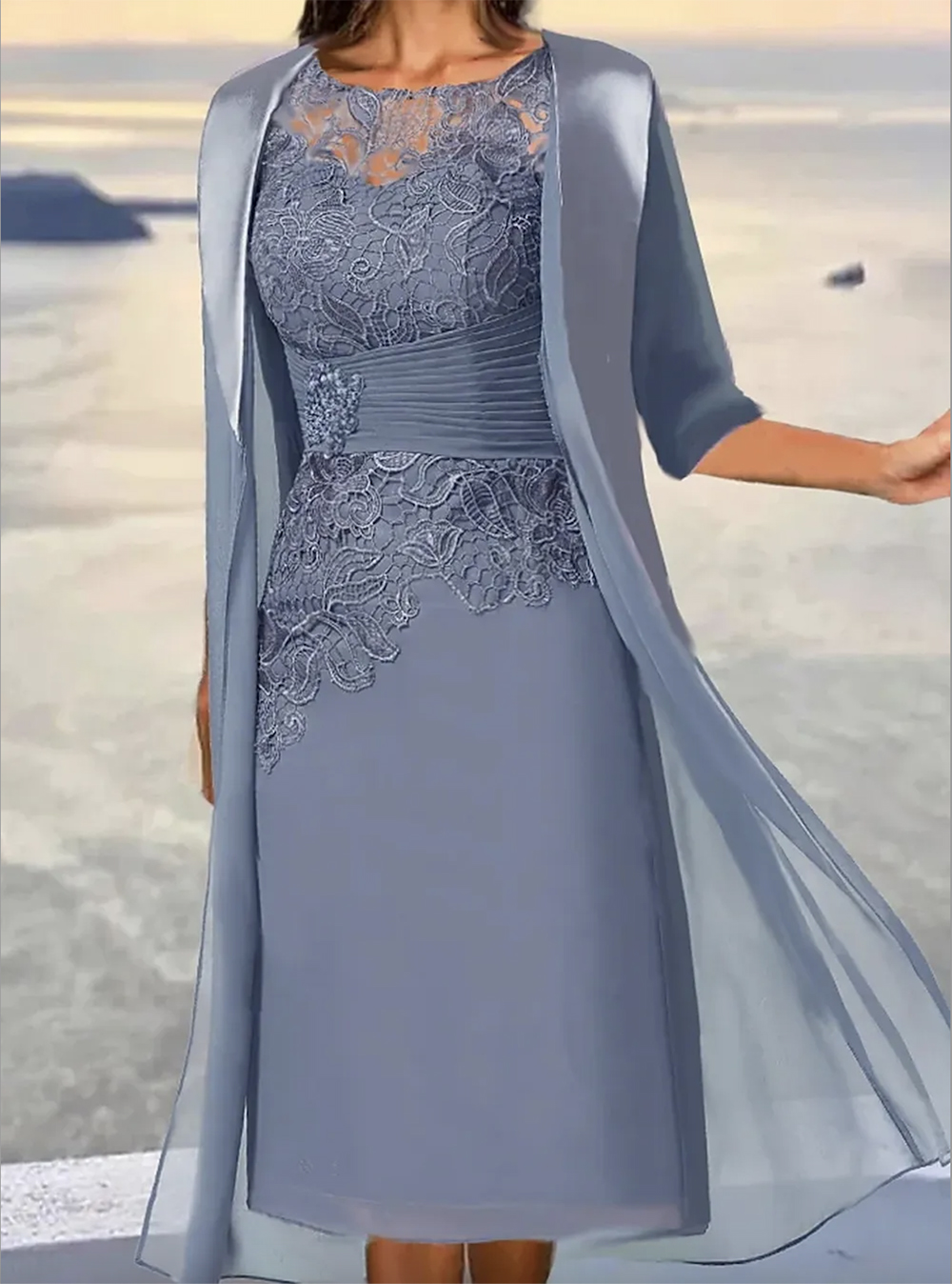 ジャケット付き花嫁のドレスの青い短いほこりっぽい母親2023 A-Line Chiffon Laceアップリケビーズグルームイブニングパーティーガウン結婚式プラスサイズ