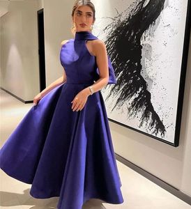 Blue Short Prom Formal Dress Satin Halter Bow Elegante theellengte A-lijn avondfeestjurken voor vrouwen Saoedi-Arabië Robe de Soiree Vestido Gala