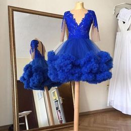 Blue Short Royal Prom -jurken pure lange mouwen kanten applique tule plunging v nek illusie terug avond staart feestjurken