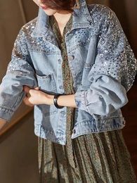 Blue Short Sequin Pocket Denim Jacket Womens décontracté printemps automne jeans mode Femme Femmes à manches longues 240423
