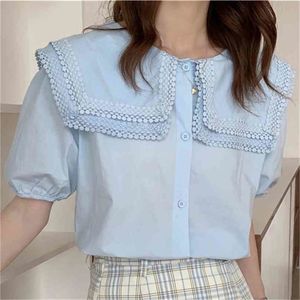 Bleu manches courtes filles streetwear basique lâche bureau dame chemises élégant femme décontracté ol blouses 210525