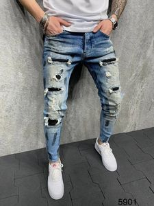 Blue Skinny Jeans for Men Painted Stretch Slim Fit gescheurde geplooide knie patch jeans merk casual broek voor mannen 240420