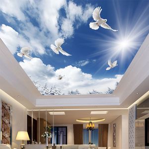Blauwe lucht en witte wolken duif plafond muurschildering behang woonkamer thema hotel slaapkamer achtergrond muur decor plafond 3d fresco's