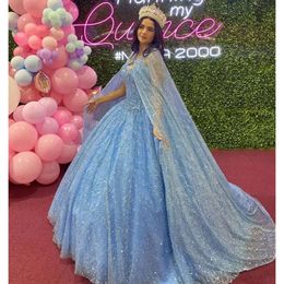 Blue Sky glitter jurk Quinceanera lovertjes prinses prom feestbal jurk met lange wrap lieverd veter-up zoete 16 jurken vestidos 15 ano's es