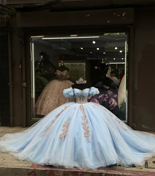 Cielo azul Recién llegado Vestido de fiesta Vestidos de quinceañera Tren de la corte Rebordear Flores de encaje Apliques Dulce 16 Vestidos de fiesta de graduación s