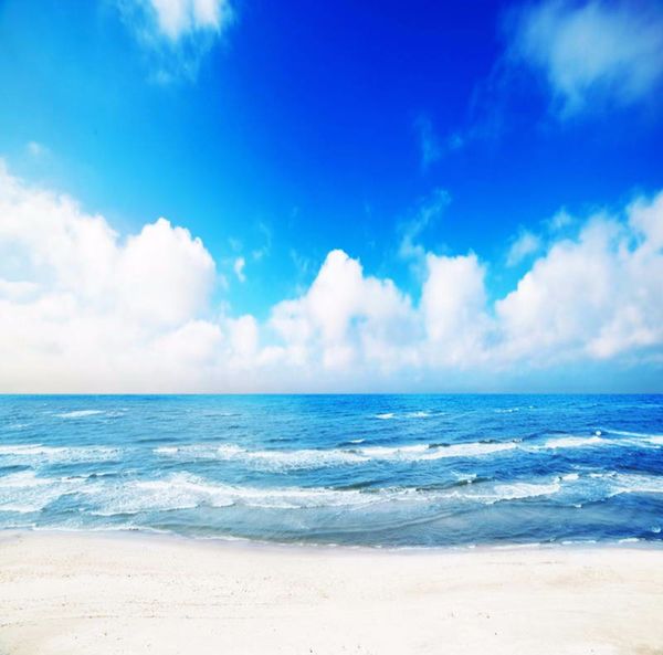 Cielo azul Agua de mar Nube blanca Playa Escénica Foto Telones de fondo Vinilo Niños Vacaciones de verano Fotografía Fondo de boda 10x10ft