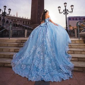 Blauwe lucht Glanzende Quinceanera-jurk Off-shoulder baljurk Applicaties Kant Kralen Tull Mexico Sweet 16 Vestido 15 de XV Anos 2024