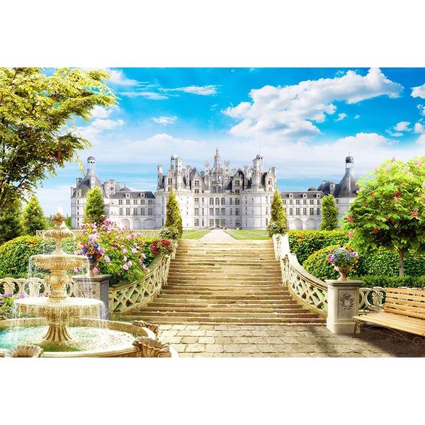 Fondo de Castillo de lujo con nubes blancas y cielo azul para fotografía, escaleras impresas, flores de jardín, fondo para fotomatón de fiesta de boda