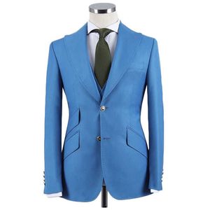 Bleu Slim Fit Hommes Costumes avec Revers en Pointe Groom Tuxedo pour le Dîner de Mariage Costume de Mode Masculine 3 Pcs (Veste + gilet + Pantalon) X0909