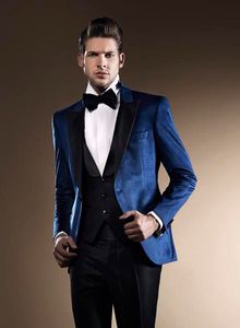 Bleu Slim Fit Hommes Smokings De Mariage Peak Revers Un Bouton Marié Smokings Excellent Hommes Dîner De Bal Blazer Costume 3 Pièces (Veste + Pantalon + Cravate + Gilet) 76