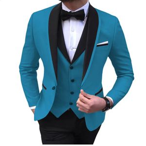 Costumes pour hommes avec fente bleue, 3 pièces, châle noir, revers, Tuxedos décontractés pour garçons d'honneur de mariage, BlazerVestPant240318