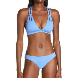 Blauwe solide kleuren Bikini Split Women Swimsuit Gedekte push -up zwemblaasontwerper Sexy Backless Swimsuits