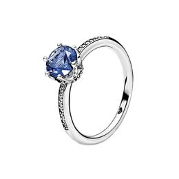 Blue Sparkling Crown RING 925 Joyas de diseñador para mujer de plata esterlina con caja original para Pandora CZ Diamond novia Anillos de regalo Set