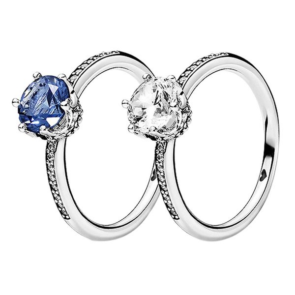 Blue Sparkling Crown RING 925 Sterling Silver Mujeres Niñas Wedding Jewelry Set Para pandora CZ diamante novia regalo Anillos con caja original